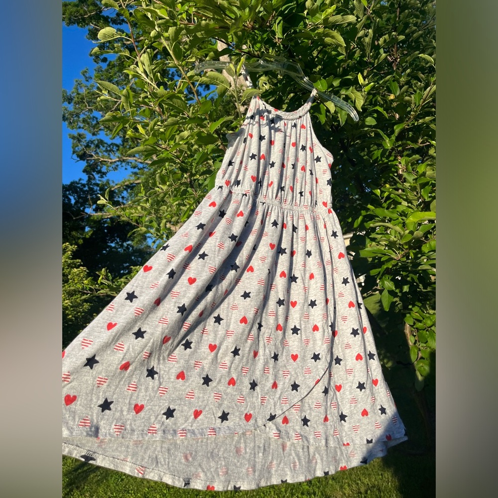 Patriotic Dress Heather Gray Girl Sz 10 Midi Maxi Red White Blue 4th July USA